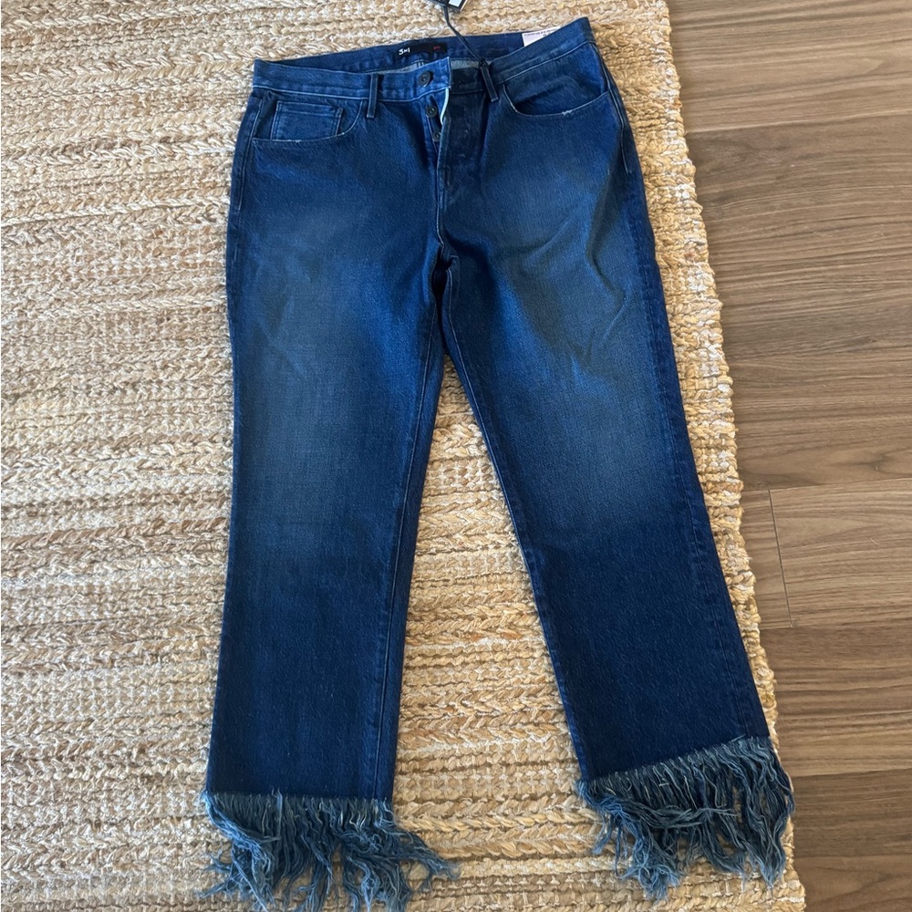 3x1 Dark Blue Fringe Hem Cropped Jeans